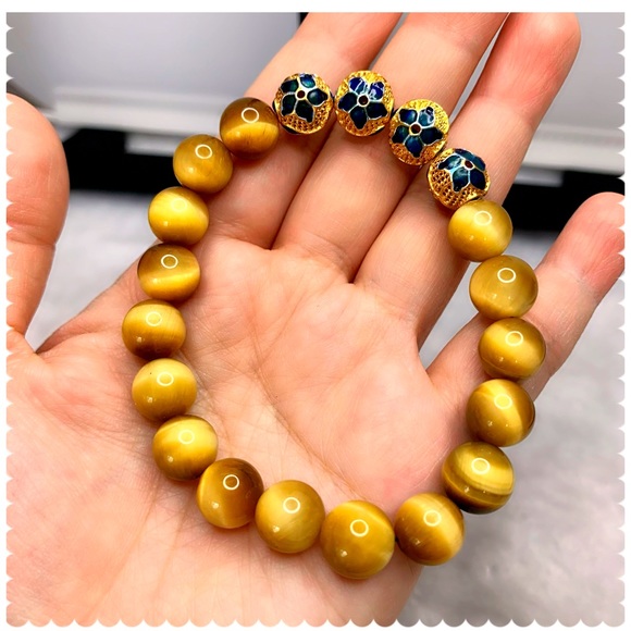 Tiger Eye Gold Grade A3+A5 10mm Cloisonné Gold Plated Charm Bracelet - Picture 5 of 11